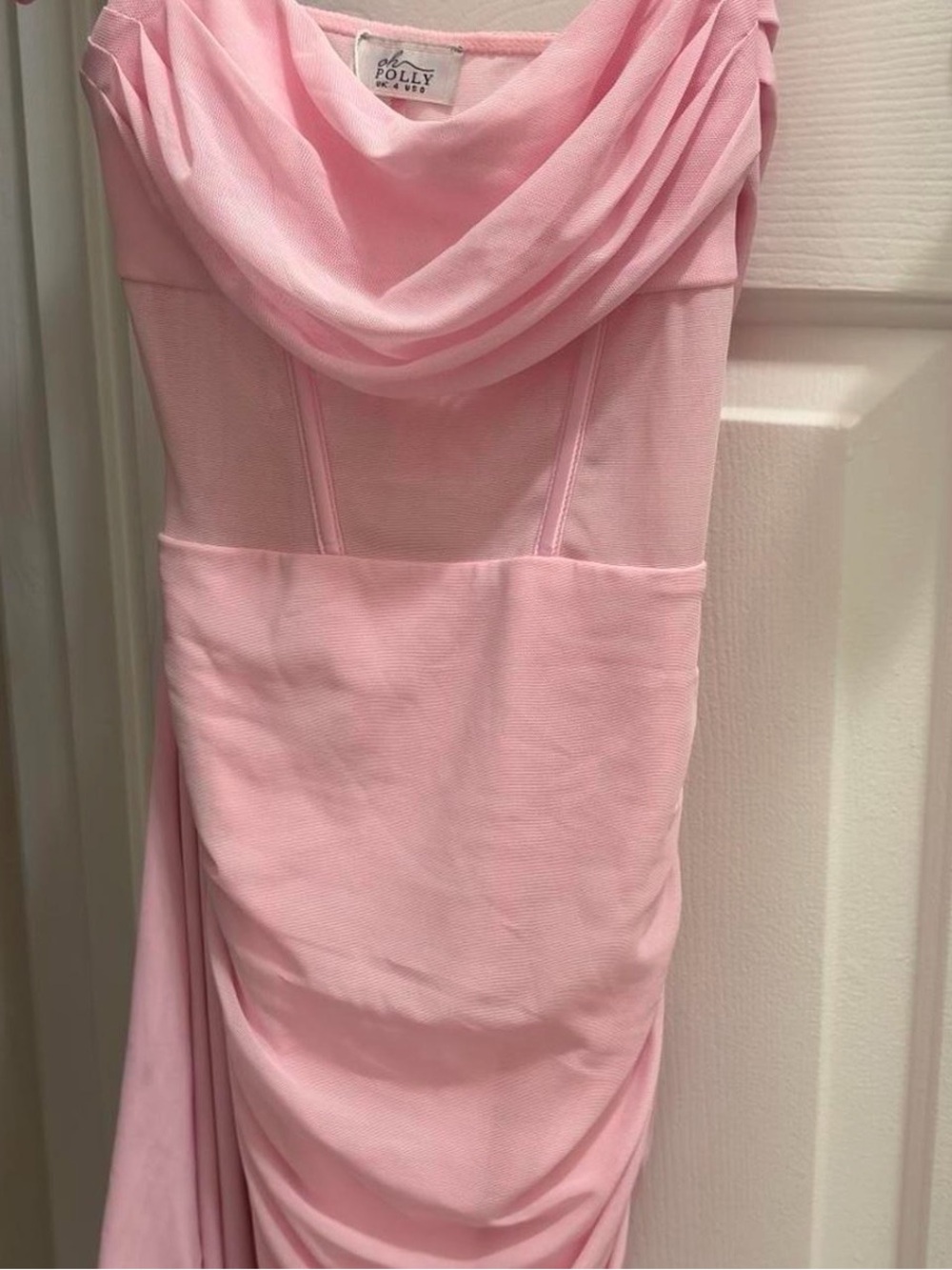 Oh Polly Pink Ruched Mesh Midi Dress – XS